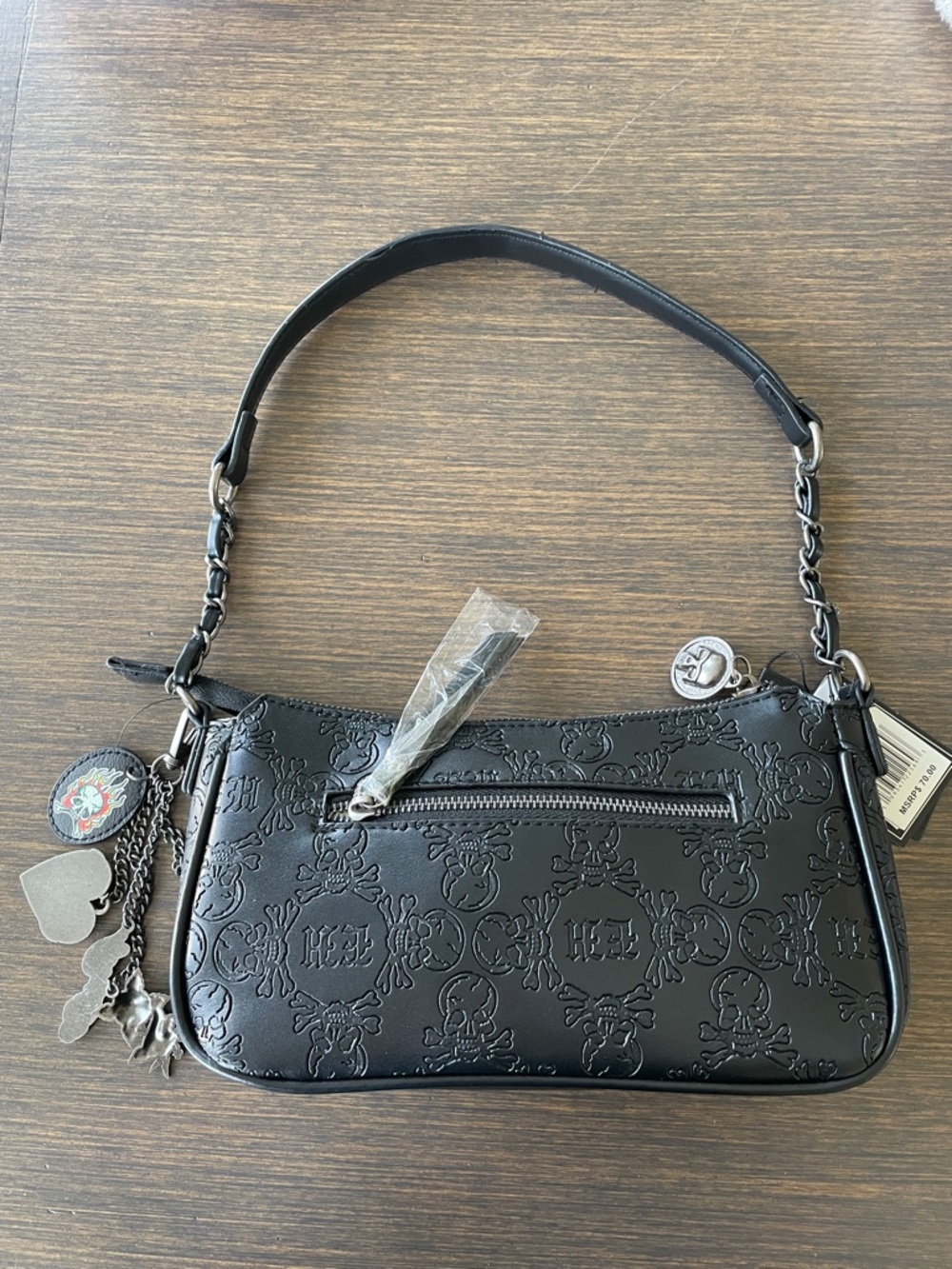 ED HARDY BLACK EMBOSSED SKULL BAGUETTE BAG with Rhinestone Studs and Bag Charm - Picture 9 of 13